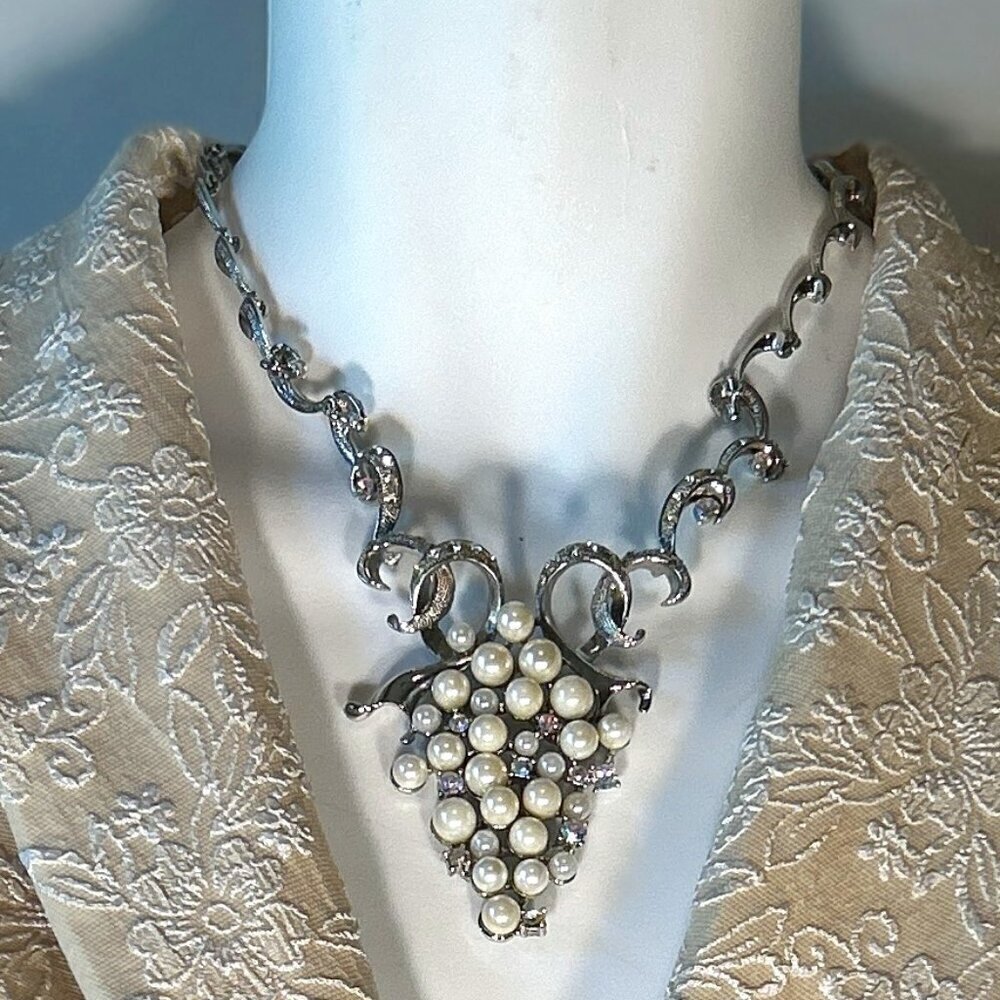 Vintage Pearl & Rhinestone Statement Necklace 17" Bride Formal Prom Timeless